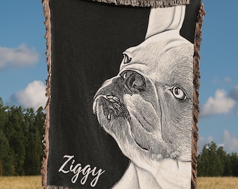 Custom Woven Pet Portrait Blanket, Personalized Dog Memorial Throw