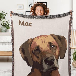 Custom Woven Dog Portrait Throw Blanket, Personalized Pet Illustration Keepsake from Photo, Customized Name, Gift for Pet Lover, Dog Mom Dad