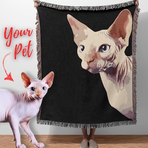 Custom Pet Cat Design Woven Blanket 100% Cotton. Personalized Name included. 10 color options . 3 Sizes up to queen size bed. Suitable as a throw or blanket to complement any homeware or decor.