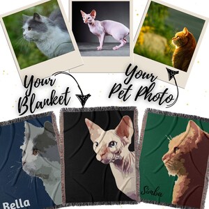 Custom Pet Cat Design Woven Blanket 100% Cotton. Personalized Name included. 10 color options . 3 Sizes up to queen size bed. Suitable as a throw or blanket to complement any homeware or decor.