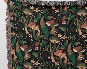 Mushroom Woven Blanket Dark Academia Botanical Heirloom Tapestry Cotton Throw Quilt Nature Lover Gift Cottagecore Moody Forest Decor
