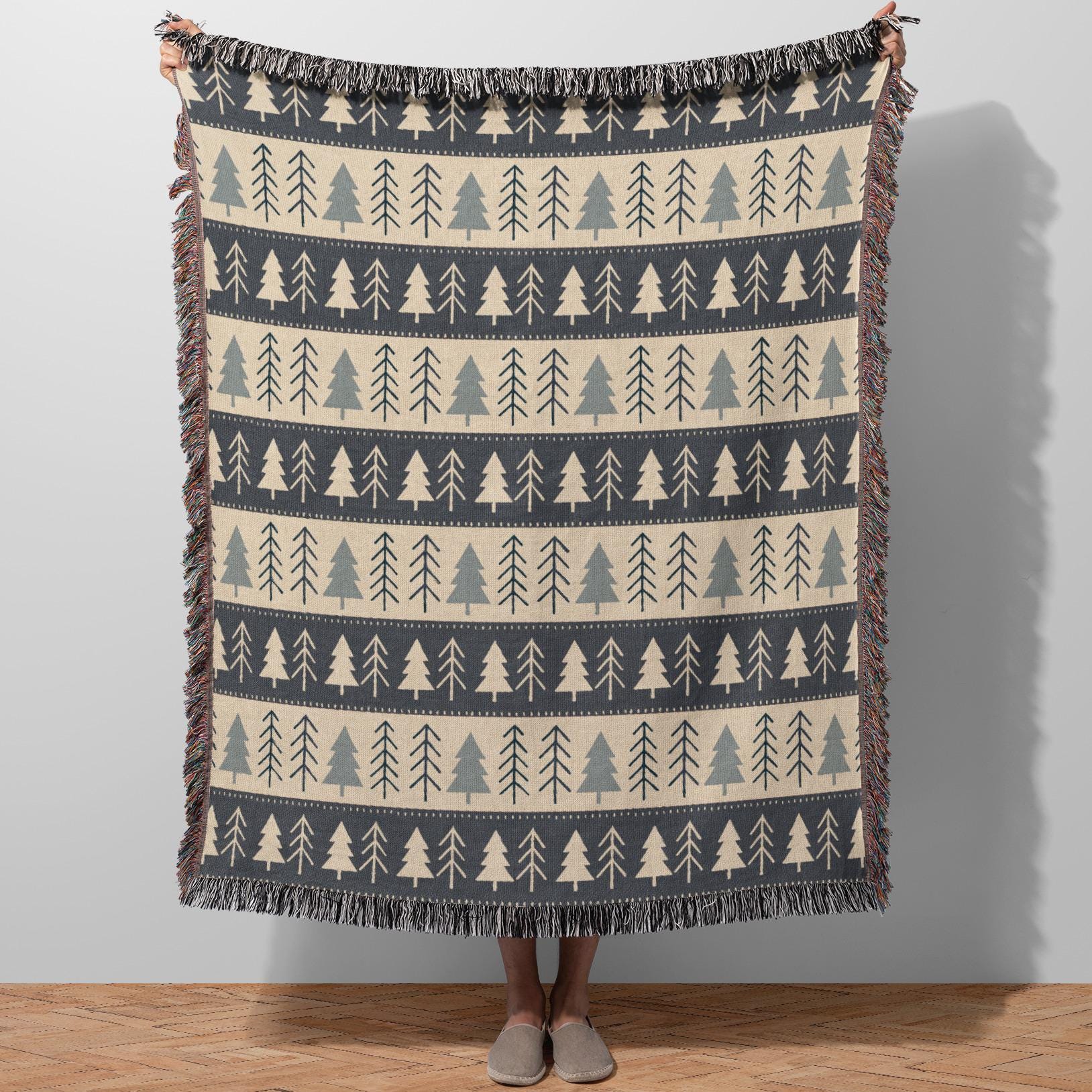 Nordic Forest Blanket - Minimalist Pine Tree Pattern Throw | Woven