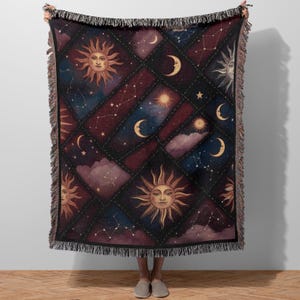 Sun and Moon Blanket, Celestial Patchwork Quilt Throw, Starry Sky Woven Cotton Blanket, Galaxy Bedding Decor, Boho Bedspread Gift