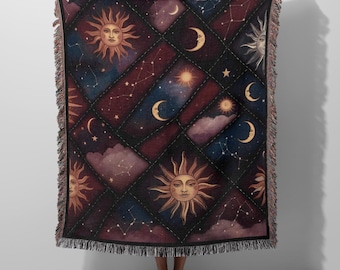 Sun and Moon Patchwork Woven Cotton Throw Blanket, Celestial Decor