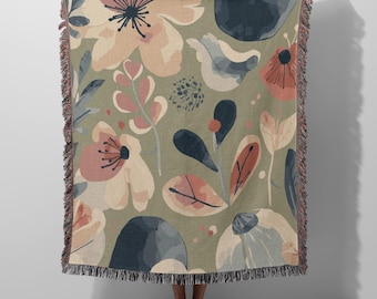 Manta de algodón tejida con estampado floral abstracto nórdico - Tapiz de arte popular escandinavo - Regalo botánico para el nuevo hogar de mamá o la abuela.