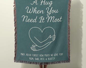 Personalized Hug Woven Cotton Throw Blanket, Custom Family Gift