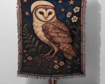 Barn Owl Woven Blanket, Stained Glass Moon Stars Throw