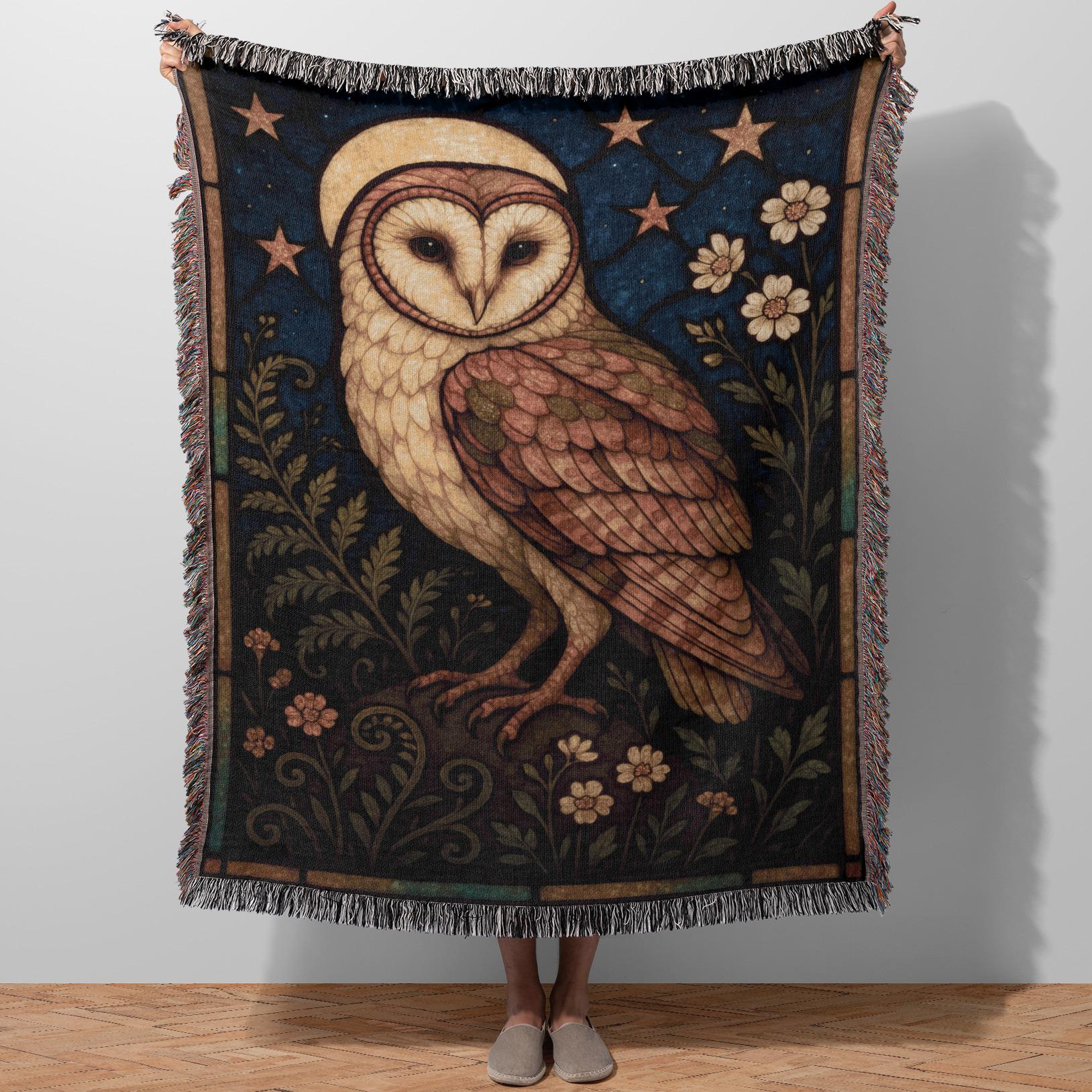 Barn Owl Blanket, Stained Glass Style Moon Stars Throw, Night Sky Woven Cotton Tapestry Quilt Home D