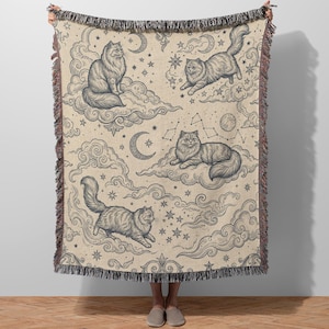 Siberian Cat Woven Cotton Blanket - Nordic Celestial Throw - Vintage Linocut Feline Moon & Star Decor - Heirloom Gift for Pet Cat Lovers