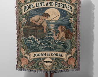 Fisherman and Mermaid Personalized Anniversary Woven Blanket - Art Nouveau Tapestry Throw, Cotton Anniversary Gift