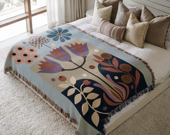 Nordic Abstract Floral Throw Blanket, Scandinavian Woven Cotton Tapestry Quilt, Cozy Folk Art Bedding Coverlet, Hygge Gift for Nature Lovers
