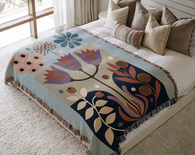 Nordic Abstract Floral Throw Blanket, Scandinavian Woven Cotton Tapestry Quilt, Cozy Folk Art Bedding Coverlet, Hygge Gift for Nature Lovers