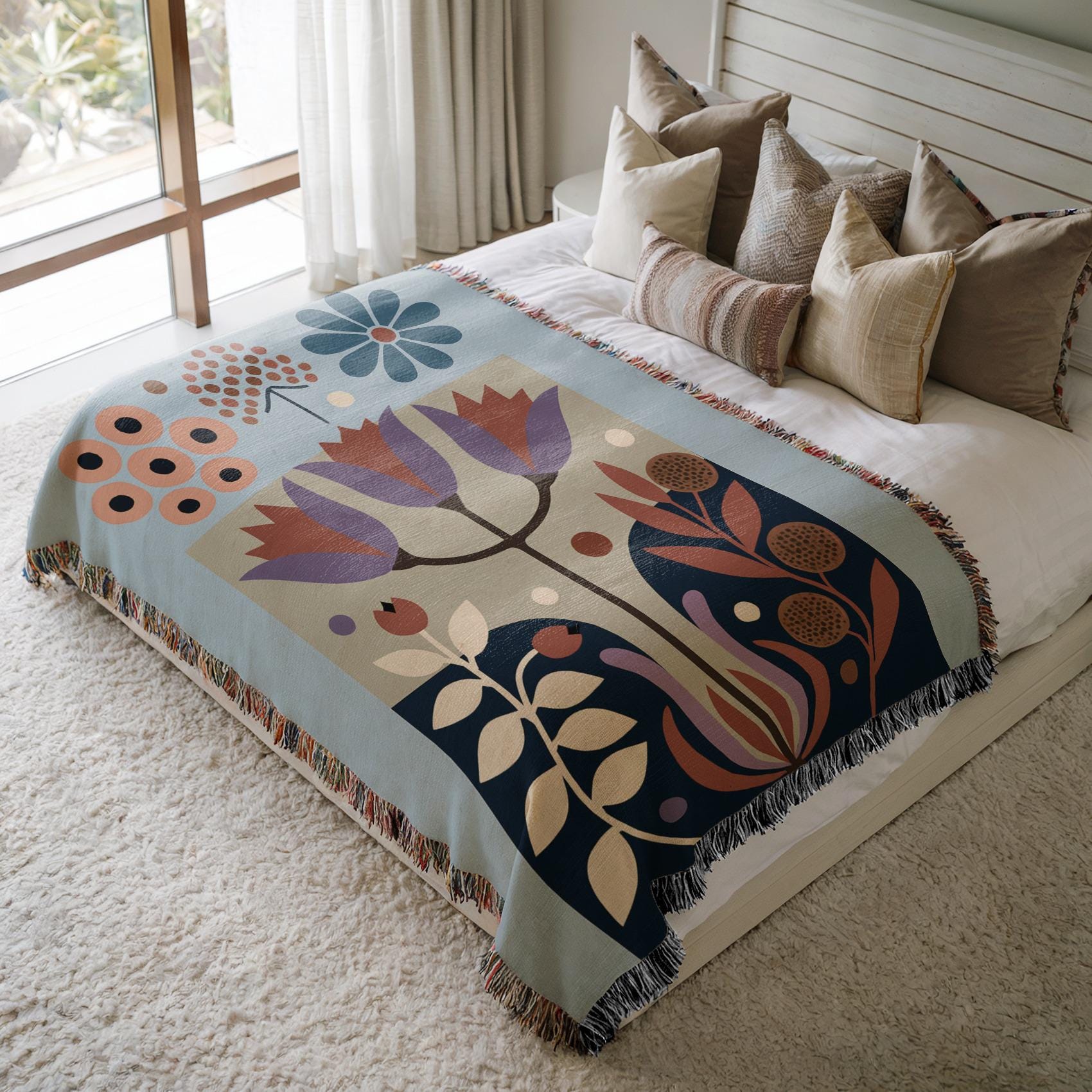 Boho Scandi Throw Nordic Abstract Floral Throw Blanket, Scandinavian Woven Cotton Tapestry  Quilt, Cozy Folk Art Bedding Coverlet, Hygge Gift For Nature Lovers