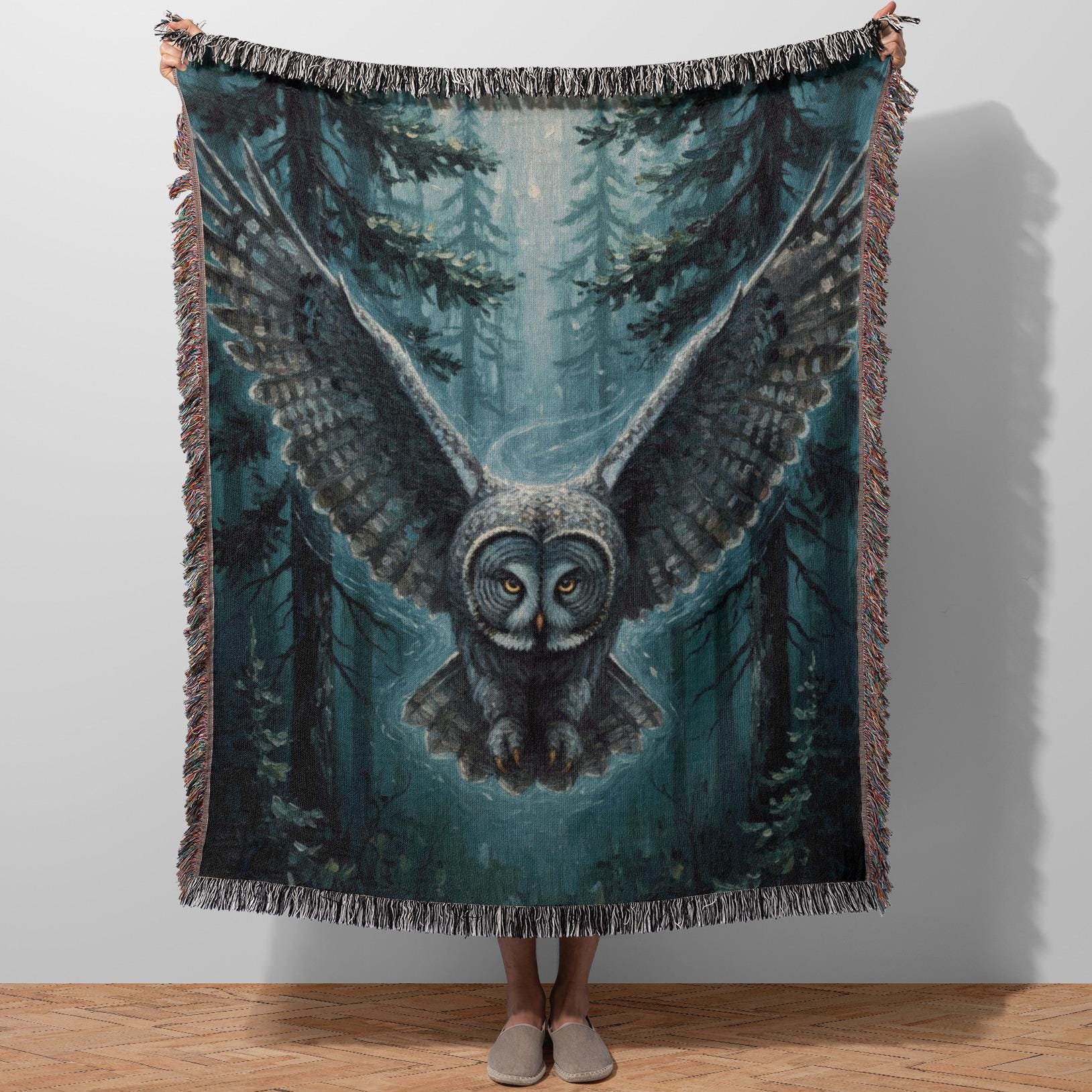 Owl Woven Blanket - Nordic Forest Design Throw, Premium Home Decor Gift