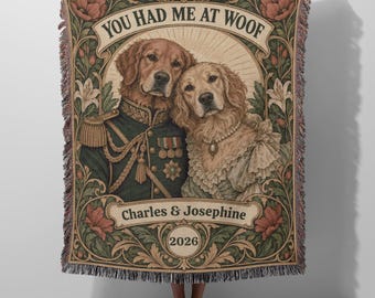 Golden Retriever Couple Personalized Anniversary Woven Blanket - Art Nouveau Tapestry Throw, Dog Mom Gift