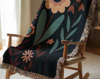 Scandinavian Floral Throw Blanket, Nordic Folk Art Bedding Quilt, Boho Hygge Decor - Cozy Housewarming Gift