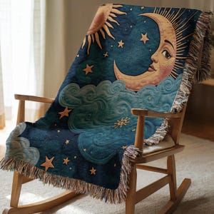 Manta de Sol y Luna Celestial, Edredón de Cielo Estrellado, Cubrecama Azul, Decoración Boho Acogedora, Ropa de Cama de Galaxia Astral con Estrellas, Regalo Personalizado con Nombre