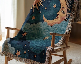 Celestial Sun & Moon Woven Blanket, Boho Bedspread Throw, Astral Galaxy Bedding