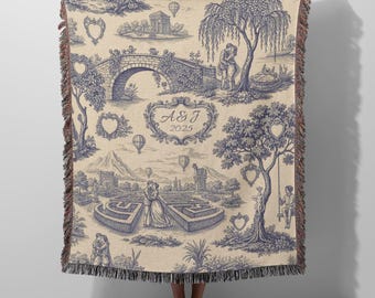 Custom Anniversary Blanket – Modern Blue Toile Woven Cotton Throw – Keepsake Wedding Gift