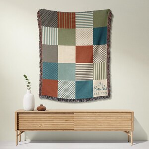 Patchwork Quilt Wall Hanging, Colorful Geometric Design, Rustic Home Decor, Personalized Text, Cozy Blanket, Unique Gift Idea