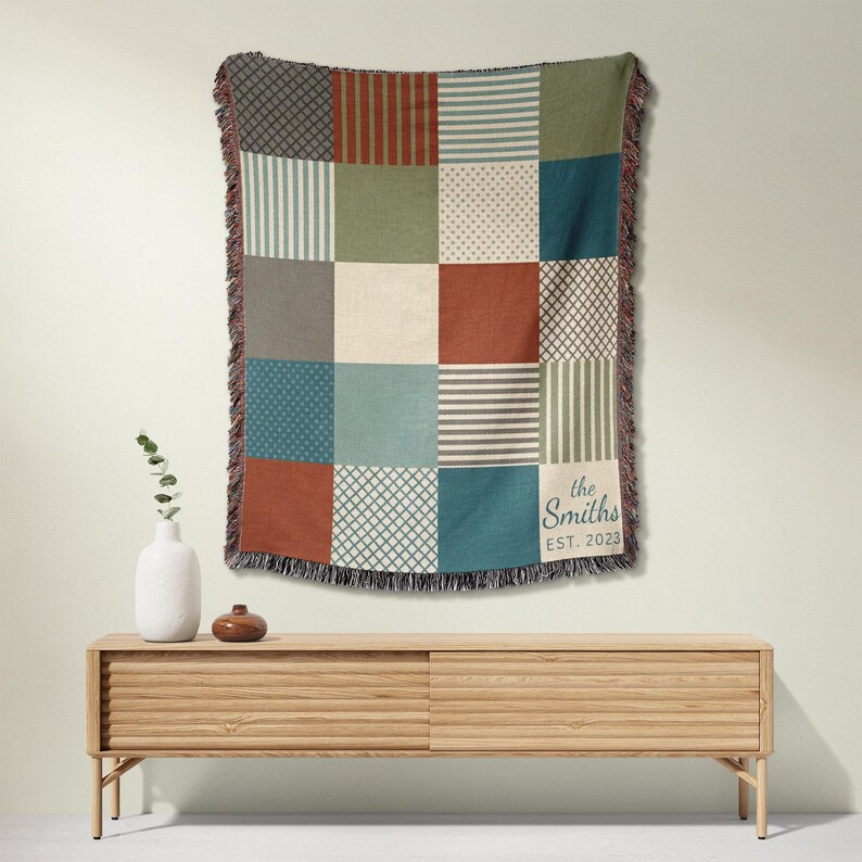Patchwork Quilt Wall Hanging, Colorful Geometric Design, Rustic Home Decor, Personalized Text, Cozy Blanket, Unique Gift Idea