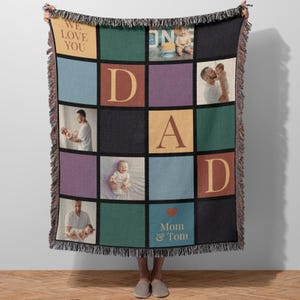 Custom Photo Patchwork Blanket, Personalized Woven Cotton Throw for Dad