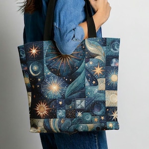 Starry Night Tote Bag, Artistic Blue Celestial Star Print Shopping Bag, Reusable Cosmic Pattern Carryall