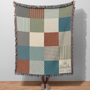 Custom Family Name Blanket, Personalized Throw Blanket, Patchwork Design Blanket, Custom Text Blanket, Established Year Blanket