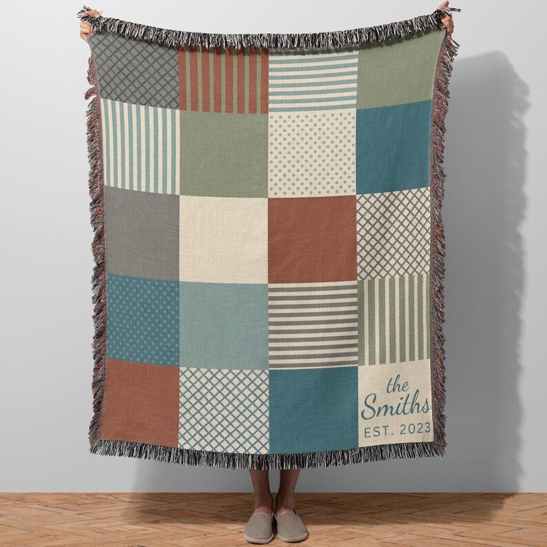 Custom Family Name Blanket, Personalized Throw Blanket, Patchwork Design Blanket, Custom Text Blanket, Established Year Blanket