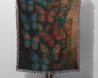 Manta tejida con diseño de mariposas, decoración Dark Academia, tapiz de estética cottagecore, manta de arte impresionista para sofá o dormitorio.