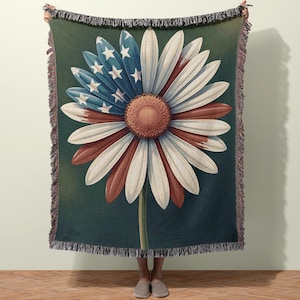 American Flag Flower Blanket, Patriotic Quilt Throw, 4th of July Bed Spread, Americana Coverlet, USA Independence Day Tapestry, Woven Cotton