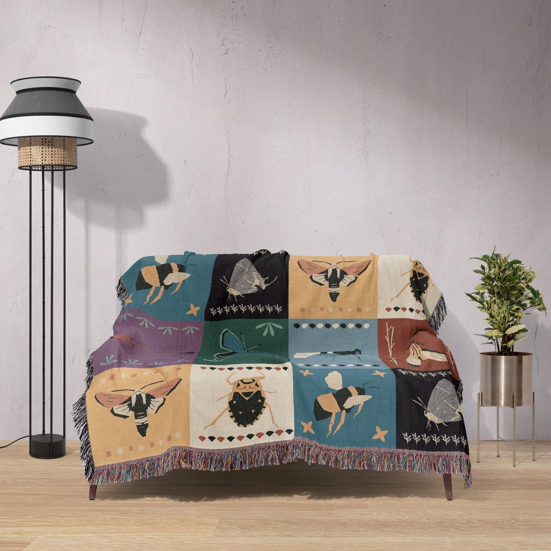Bug Patchwork Woven Insect Theme Patchwork Blanket, Cozy Colorful Nature Inspired ...
