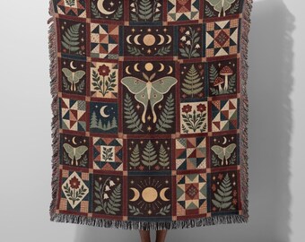 Luna Moth Moon Patchwork Woven Blanket - Celestial Folk Art Faux Quilt Throw, Cozy Nature Gift