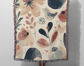 Manta de algodón tejida con estampado floral abstracto – Diseño nórdico moderno