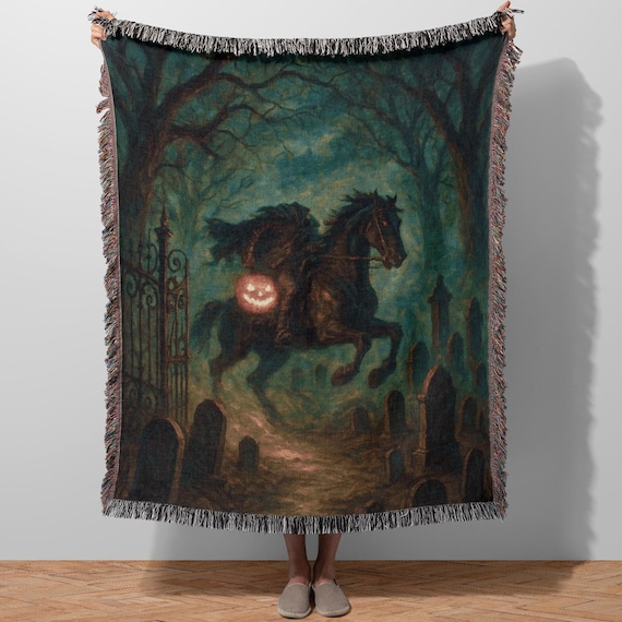 Headless Horseman Throw Blanket - Sleepy Hollow Woven Quilt Tapestry, Halloween Fall Decorating, Jack O Lantern Horse Rider Art
