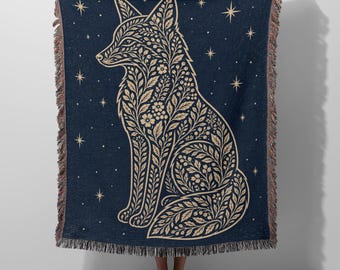 Nordic Folk Fox Throw Blanket - Celestial Botanical Woodland Art for Hygge Home & Storytelling Gift