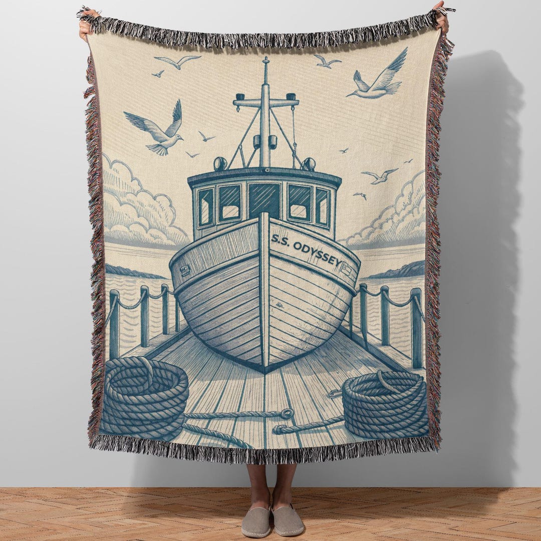 Custom Boat Name Gift Nordic Maritime Ship Woven Blanket Cotton