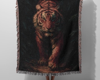 Tiger Woven Cotton Blanket – Wildlife Throw, Jungle Decor