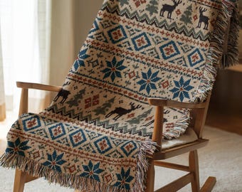 Lusekofte Stag Woven Blanket - Norwegian Folk Knit-Look Throw, Cozy Armchair Housewarming Gift