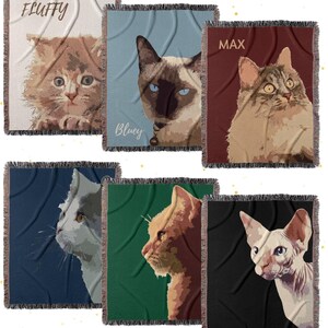 Custom Pet Cat Design Woven Blanket 100% Cotton. Personalized Name included. 10 color options . 3 Sizes up to queen size bed. Suitable as a throw or blanket to complement any homeware or decor.