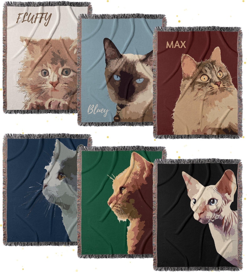 Custom Pet Cat Design Woven Blanket 100% Cotton. Personalized Name included. 10 color options . 3 Sizes up to queen size bed. Suitable as a throw or blanket to complement any homeware or decor.