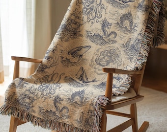 Ocean Mythology Blanket – Whale, Kraken & Ship Woven Cotton Throw