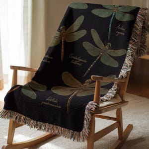 Vintage Dragonfly Cottagecore Blanket | Antique Scientific Insect Woven Cotton Throw | Entomology Gift for Dragonfly Lover | Dark Academia