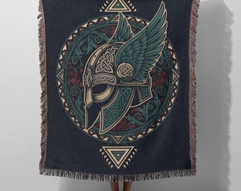Norse Mythology Woven Blanket - Odin Valknut Throw, Viking Warrior Art Gift for History Lovers