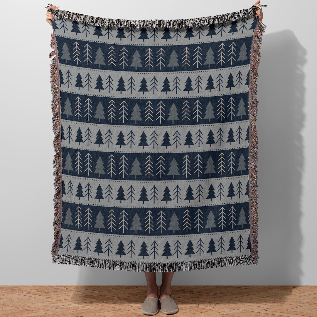 Nordic Forest Blanket - Woven Cotton Pine Tree Design Throw - Blue Grey ...