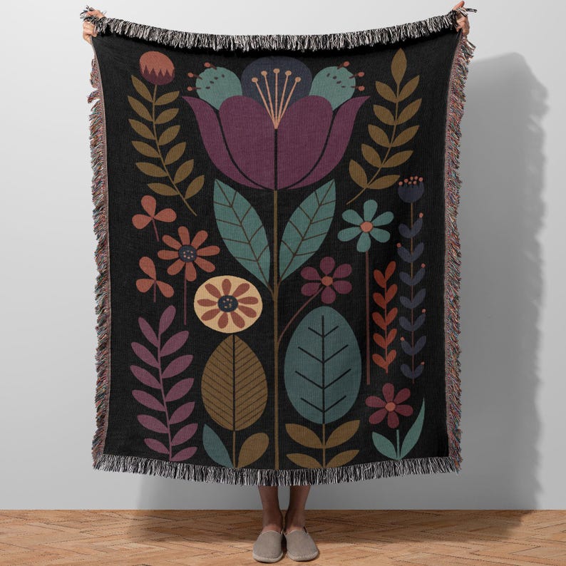 Large Floral Throw Blanket, Cozy Woven Blanket, Colorful Flower Design Blanket, Decorative Bohemian Blanket, Home Accent Blanket