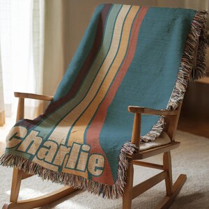 Retro Rainbow Design Personalized Blanket, Custom Name Blanket, Striped Vintage Throw, Retro Boho Home Decor, Unique Colorful Gift Idea