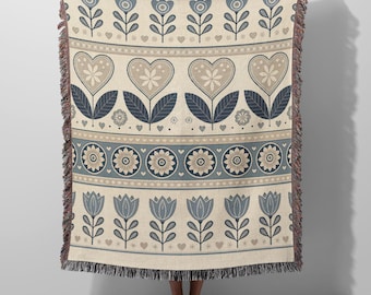 Floral Folk Art Blanket - Nordic Heritage Woven Throw, Scandinavian Wall Hanging Tapestry Home Decor
