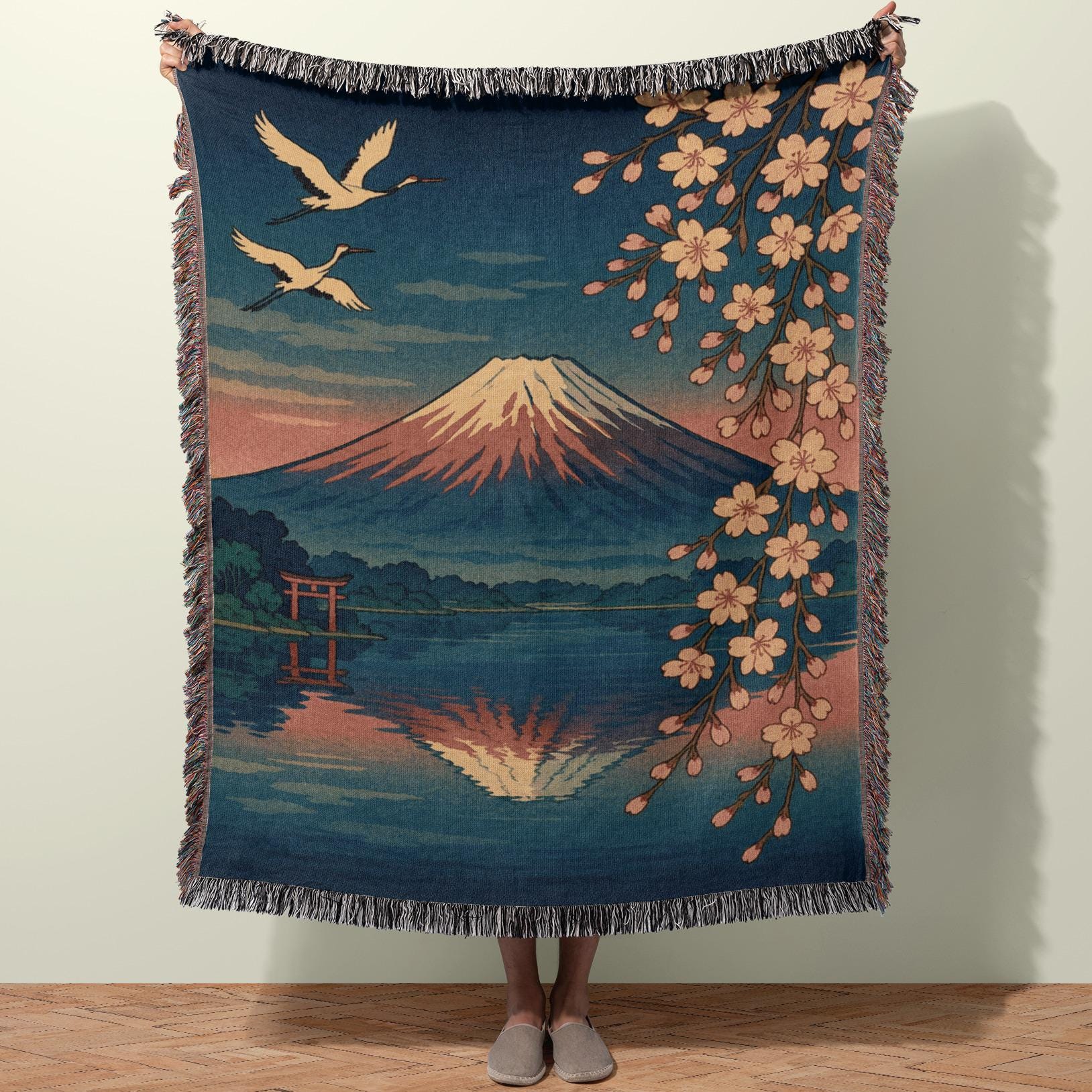 Mount Fuji Woven Blanket, Crane & Cherry Blossom Asian Decor - Etsy