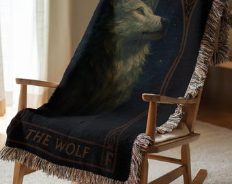 Norse Mythology Throw Blanket - Fenrir Wolf Rune Tapestry, Viking Folklore Woven Cotton Quilt